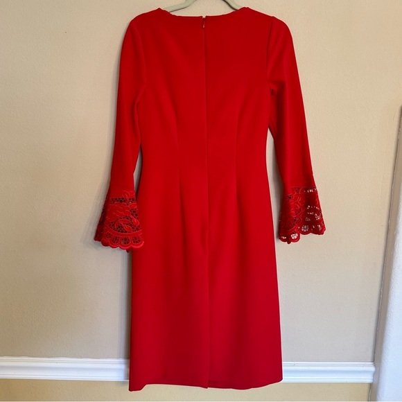 Teri Jon by Rickie Freeman Red Bell-Sleeve Crepe Sheath Dress Size 10 - Picture 2 of 16